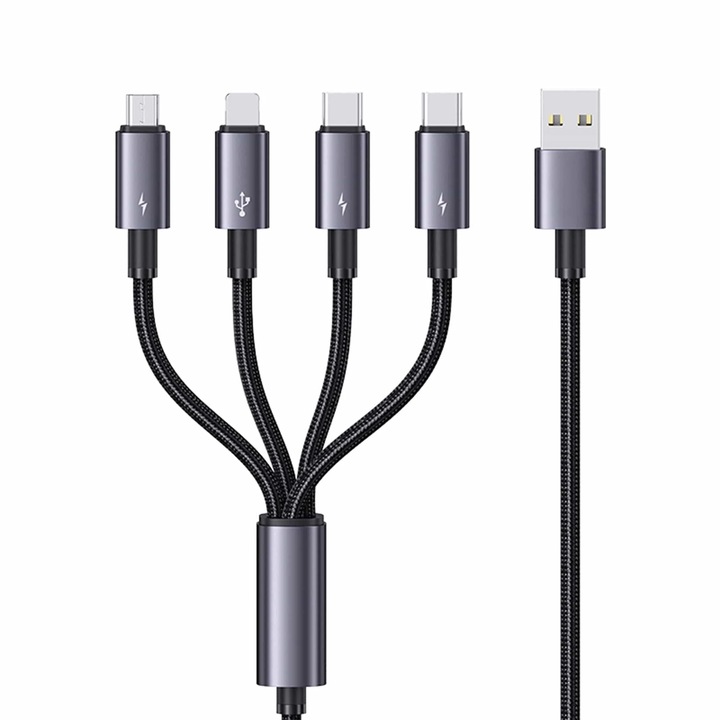 Cablu de Incarcare si Transfer de Date 4 in 1, Timebox, 480 Mbps, Fast Charge 15W, 1.2m, 2 x USB-C, Micro USB, Lightning, USB, Display Smart Integrat, Compatibil Macbook, Android, Samsung, Huawei, Xiaomi, Gri