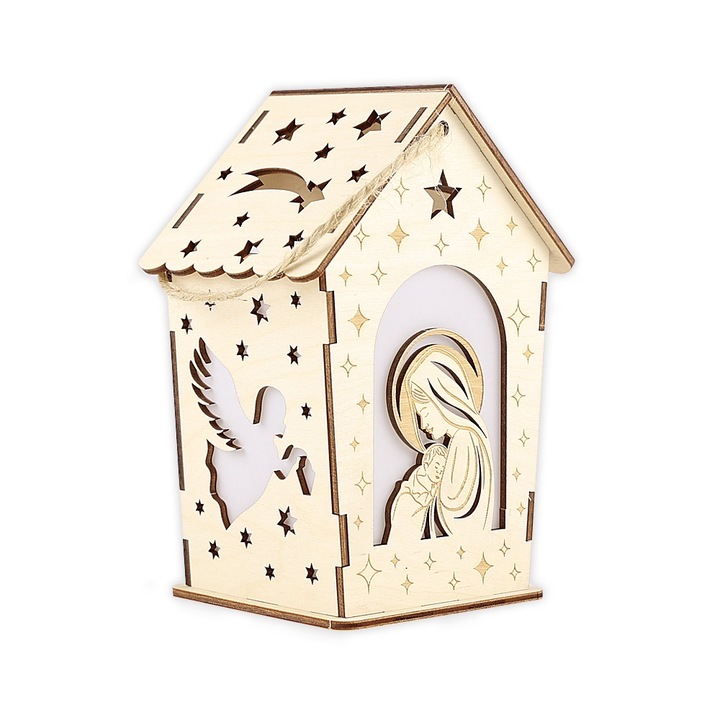 Felinar din lemn cu lampa LED 17cm, pentru Craciun