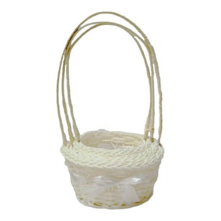 Set 3 cosuri impletite din plastic, cu toarta, panglica satinata, rotunde, alb, 38-50 cm