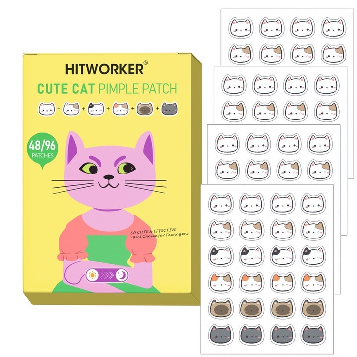 Plasturi pentru acnee Hitworker, 48 bucati, forma pisica, 6-8 ore eficienta, pentru fata si piele
