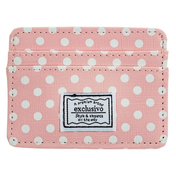 RFID hitelkártya és engedély tartó, 5 rekeszes, rózsaszín pöttyös és textil tapasz, 10x7,5 cm