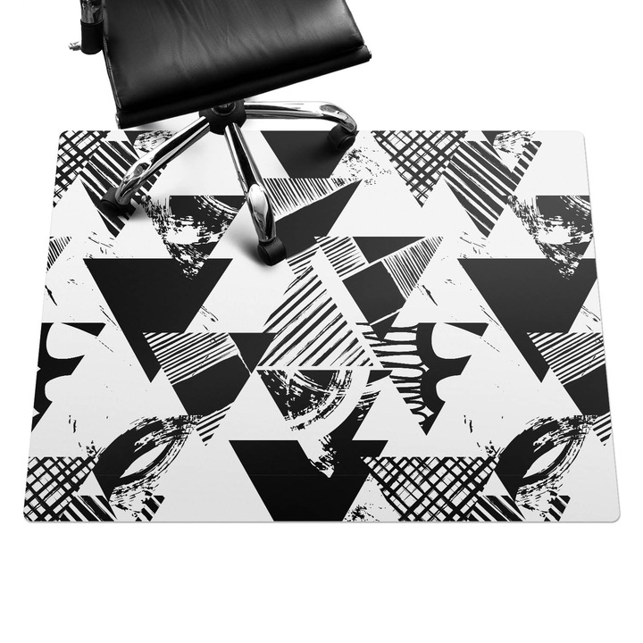Szék alátét szőnyeg, Wallfluent, Absztrakt háromszögek, Fekete és fehér, 120x90 cm, 010250310020100075236