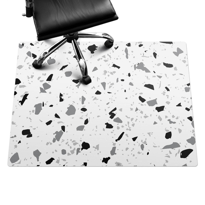 Íróasztal szék alátét, Wallfluent, Terrazzo absztrakció, Fekete és fehér, 120x90 cm, 010250310020100077420