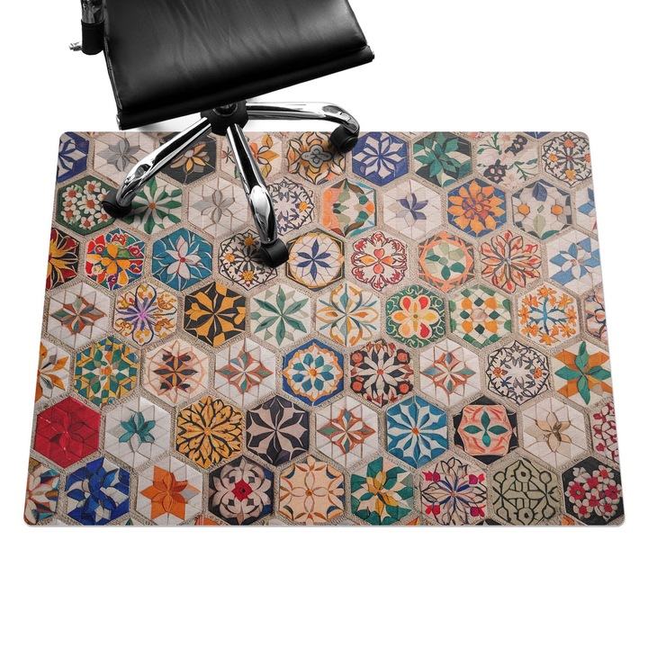 Irodai szék szőnyeg, Wallfluent, Virág mozaik, Barna, 120x90 cm, 010250310020100281988