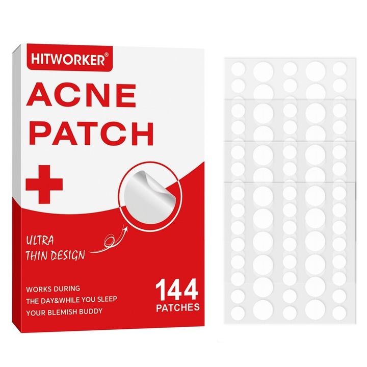 Plasturi pentru acnee, Hitworker, set 144 bucati, invizibili, 6-8 ore