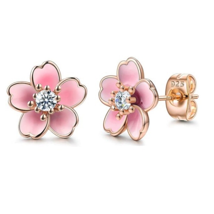 Cercei stud cu flori, aliaj de zinc, 925, roz