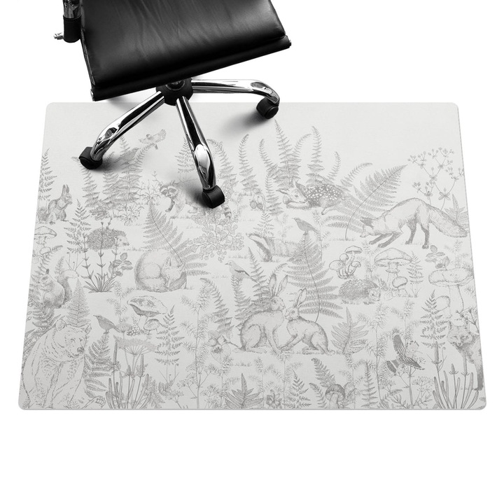 Padlóvédő székalátét, Wallfluent, Erdei állatok és páfrányok, Szürke, 120x90 cm, 010250310020100282739