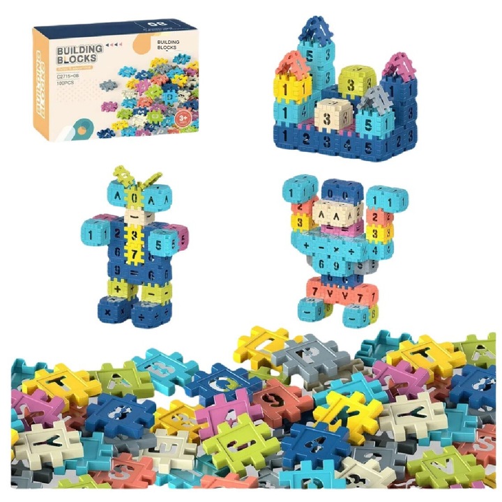 Cuburi de constructie plastice educationale pentru copii, jucarii de asamblat, pentru dezvoltarea creativitatii, 100pcs, design cuburi cu numere DIY, Albastru