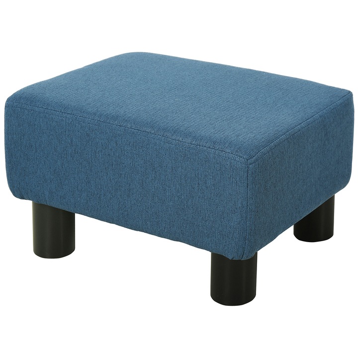Taburet HOMCOM Pouf Tapitat cu tesatura de in si plastic, Otoman dreptunghiular cu sezut captusit, pentru sufragerie si dormitor, 40x30x24 cm, albastru inchis