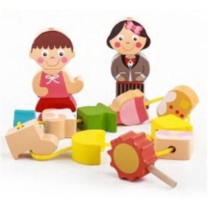 Joc de insirat, snuruit cu piese din lemn 3D, cei doi copilasi