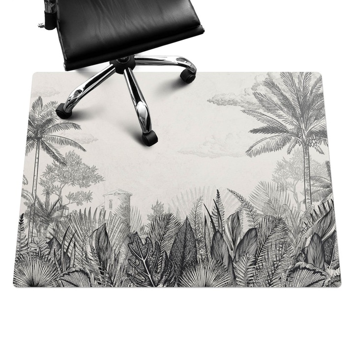 Padlóvédő székalátét, Wallfluent, Trópusi illusztráció, Fekete és fehér, 120x90 cm, 010250310020100282752