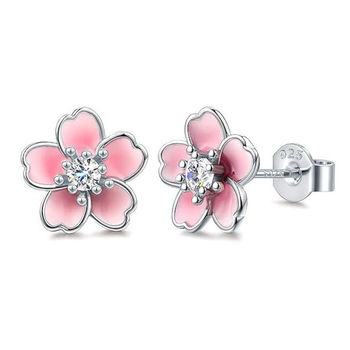 Tavaszi virágos fülbevaló, ezüst és rózsaszín, nem oxidálódó cinkötvözet alap, 925 ezüst