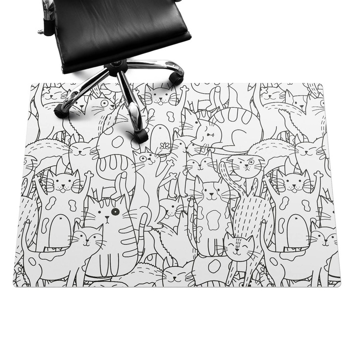 Irodai szék szőnyeg, Wallfluent, Macskarajz, Fekete és fehér, 140x100 cm, 010250310030100029418