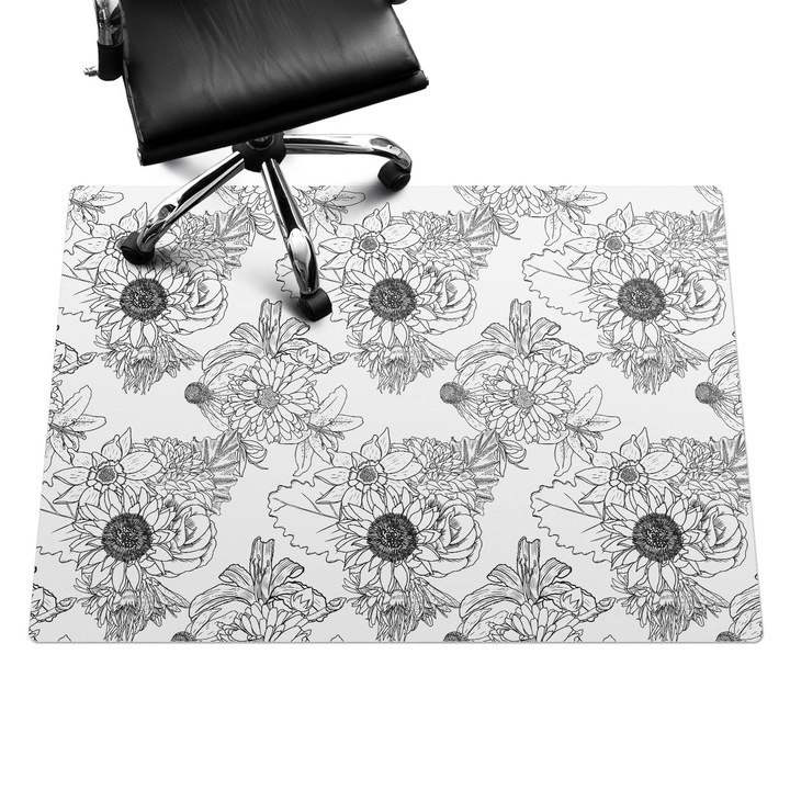 Íróasztal szék alátét, Wallfluent, Lineáris virágmintás, Fekete és fehér, 140x100 cm, 010250310030100033490