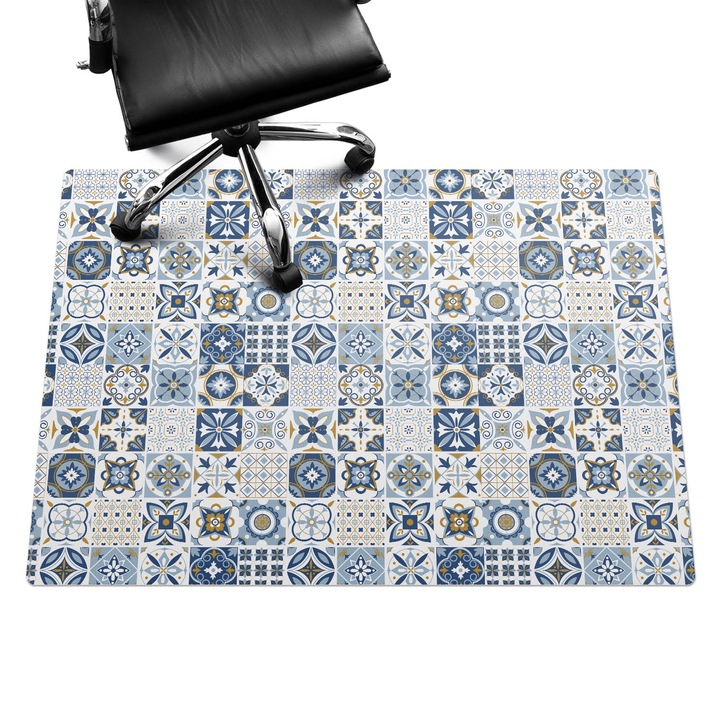 Irodai szék szőnyeg, Wallfluent, Retro stílusú csempe, Kék, 140x100 cm, 010250310030100033376