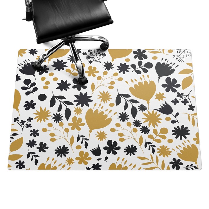 Padlóvédő székalátét, Wallfluent, Retro virágmintás, Fekete és fehér, 140x100 cm, 010250310030100057230