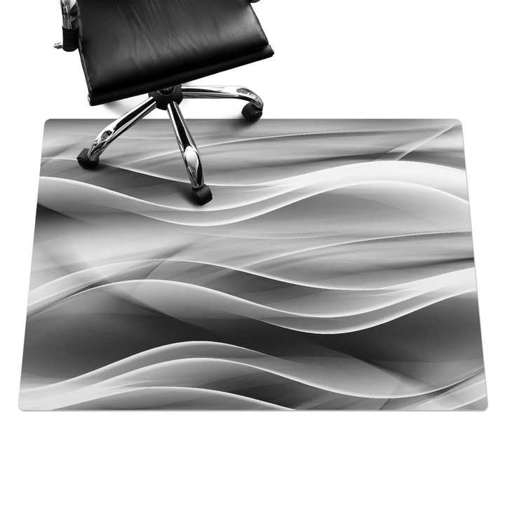 Irodai szék szőnyeg, Wallfluent, Hullámos absztrakciós vonalak, Fekete és fehér, 140x100 cm, 010250310030100077225