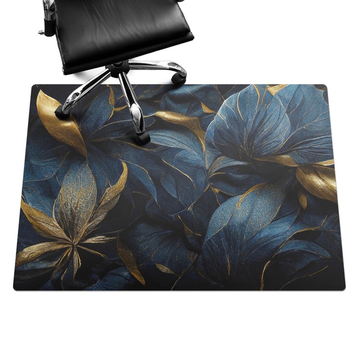 Padlóvédő székalátét, Wallfluent, Levelek eleganciával, Tengerészkék, 140x100 cm, 010250310030100088332