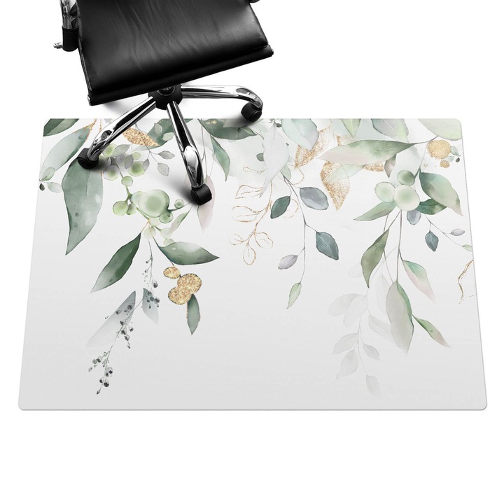 Protectie podea scaun birou, Wallfluent, Compozitie acuarela de frunze, Verde, 140x100 cm, 010250310030100088422