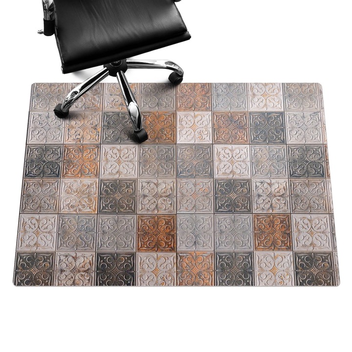 Irodai szék szőnyeg, Wallfluent, Négyzet alakú retro minta, Szürke, 140x100 cm, 010250310030100282524