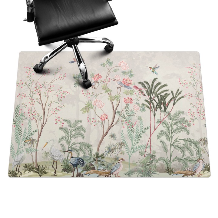 Íróasztal szék alátét, Wallfluent, Egzotikus madarak és virágok, Bézs, 140x100 cm, 010250310030100282755