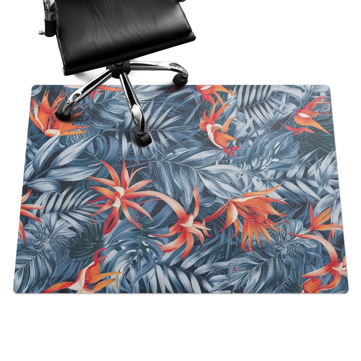 Irodai szék szőnyeg, Wallfluent, Egzotikus levelek és virágok, Kék, 140x100 cm, 010250310030100281978