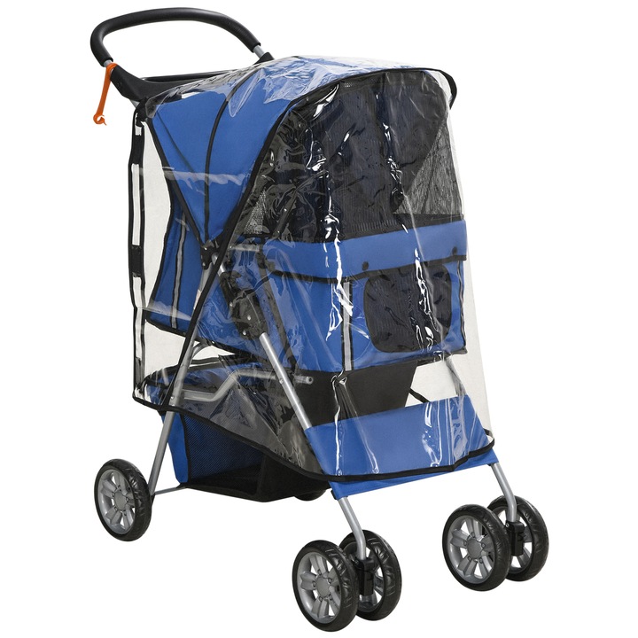 Carucior pentru caini PawHut pana la 10 kg cu husa de ploaie, carucior pliabil pentru carucior pentru animale de companie, 75x45x97 cm, albastru