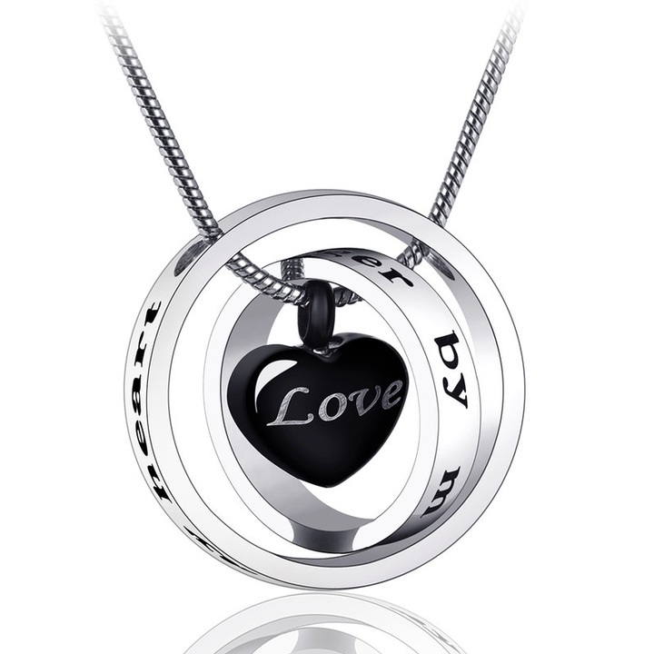 Colier urna pentru animale de companie, inima neagra, otel inoxidabil, set cu unelte si cutie cadou