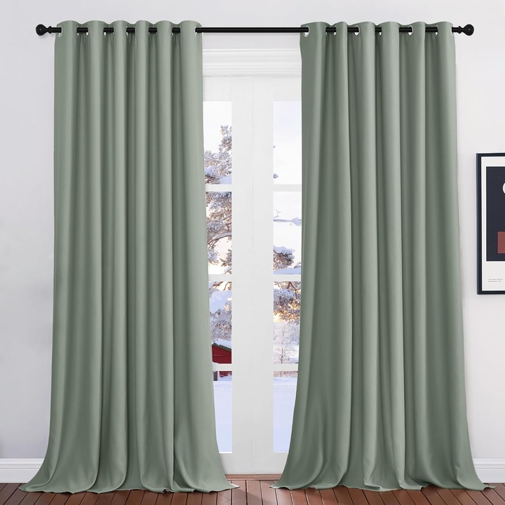 Комплект 2 топлоизолационни затъмняващи завеси PONY DANCE, с халки, Sage Green, 200 x 248 cm
