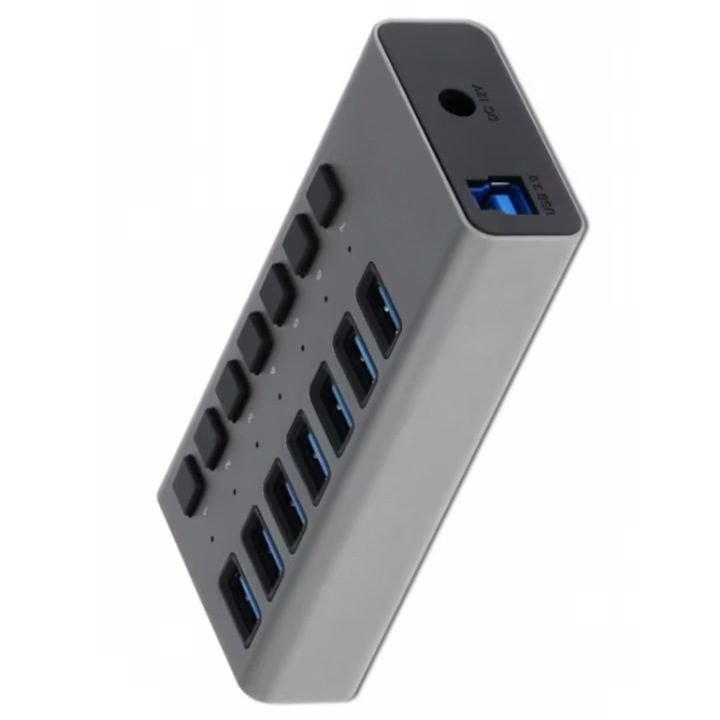 Adaptor Hub USB, 7 x USB-A, 1 x USB-B, 5 Gbps, indicator LED, Aliaj de aluminiu, racire rapida, transfer de mare viteza, puternic anti-interferenta, comutator independent, compatibil pe scara larga, Gri