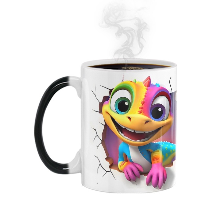 Cana Termocrom cu Dinozauri 3D - 11 oz (325ml), Design Interactiv pentru Cafea, Cadou Divertisment Birou & Familie - Schimba Culoare cu Apa Calda