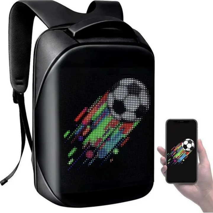 Hátizsák LED kijelzővel, N2L Store®, Dedikált iOS/Android alkalmazás, Bluetooth, 25 literes, GIF-ek (mozgóképek) támogatása, Vízálló, Akár 15,6"-os laptopokhoz, Belső rekesz, 64x64 px képernyőfelbontás, Erős Pixel kijelző, Fekete