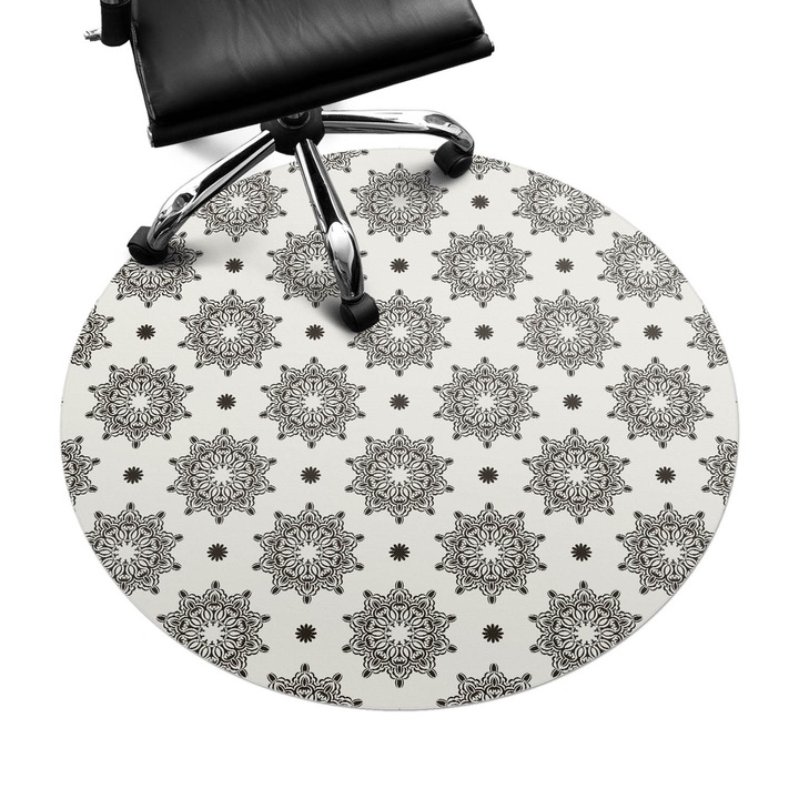 Szék alátét szőnyeg, Wallfluent, Szimmetrikus mandalák, Fekete és fehér, fi100 cm, 010250310040000033464