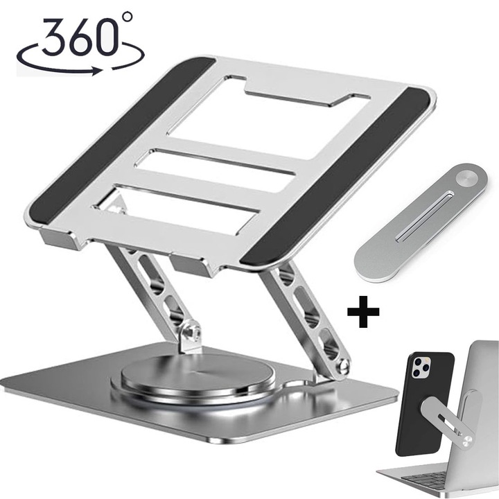 Laptop állvány, 17,3 hüvelyk alatt, 360°-ban forgatható, állítható magasságú, akár 10 kg-ig, hordozható, csúszásgátló, ergonomikus, kompatibilis MacBook, laptopok, tablet, iPad készülékekkel, szénacél, alumíniumötvözet, ezüst