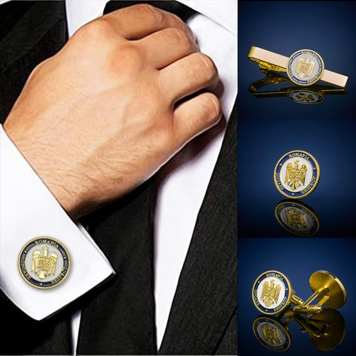 Set 3 Piese, Butoni, Insigna si Ac de Cravata cu Stema Romaniei, Text Onoare Respect, Calitate Premium, Cutie Personalizata Cu Stema Romaniei, Inclusa
