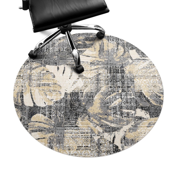 Covoras pentru protectie podea, Wallfluent, Frunze retro vintage, Bej, fi100 cm, 010250310040000030982