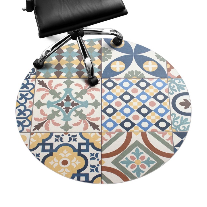 Protectie podea scaun, Wallfluent, Modele de placi retro, Multicolor, fi100 cm, 010250310040000029650