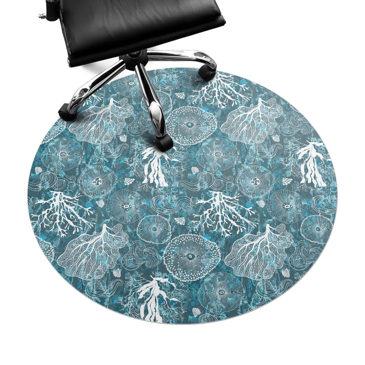 Covoras pentru protectie pardosea, Wallfluent, Modele marine organice, Turcoaz, fi100 cm, 010250310040000033479