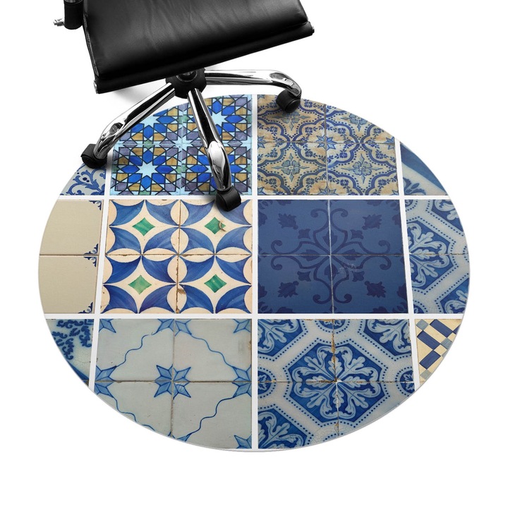 Protectie podea birou, Wallfluent, Gresie stil retro, Albastru, fi100 cm, 010250310040000006139