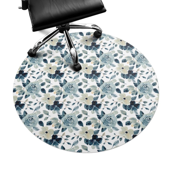 Covoras protectie podea, Wallfluent, Model retro floral, Albastru, fi100 cm, 010250310040000033341