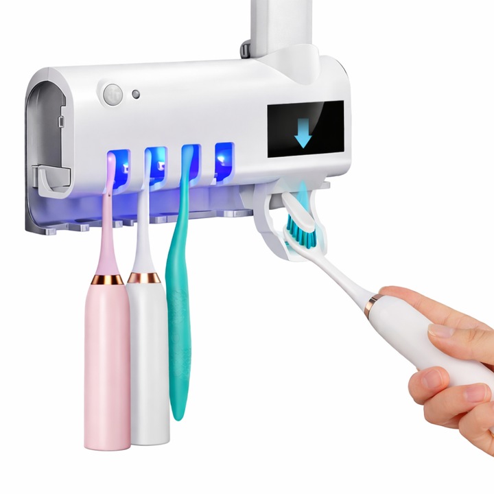 Suport periute dinti Macvi® sterilizare UV incarcare solara si USB senzor PIR indicator LED material ABS rezistent dimensiuni 19x9x7 cm, 5 sloturi suport pasta, organizator baie montaj pe perete