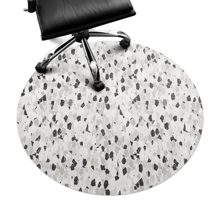 Íróasztal szék alátét, Wallfluent, Terrazzo mozaik, Fekete és fehér, fi100 cm, 010250310040000033534