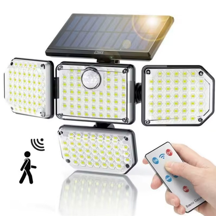 SIKS kültéri napelemes lámpa, 185 nagy teljesítményű LED, kertben, sikátorban, házbejáratban, 4 pontban állítható lámpa, semleges fény, távirányító, fény- és mozgásérzékelők, IP65 vízállóság, JH2728, fekete