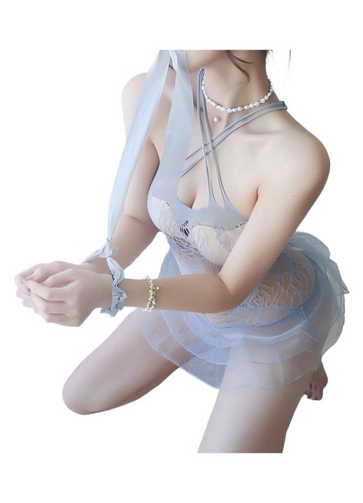 Szexi átlátszó hálós overál, szexi fehérnemű, világoskék szín, kivágott derékkialakítás