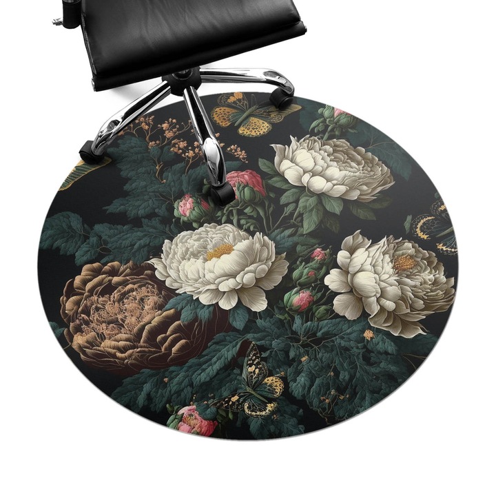 Protectie podea scaun birou, Wallfluent, Flori si fluturi, Negru, fi100 cm, 010250310040000075346