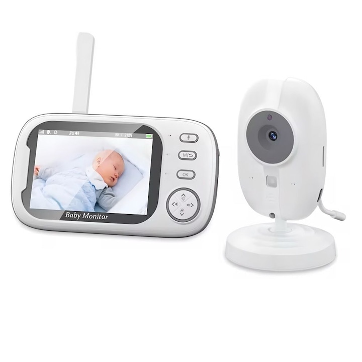 Camera de Supraveghere pentru Bebelusi cu Monitorizare in Timp Real, Alarma de Hranire, Muzica Linistitoare, Night Vision si Senzor de Temperatura – Ecran 3.5 Inch si Rotire 360°, Alb