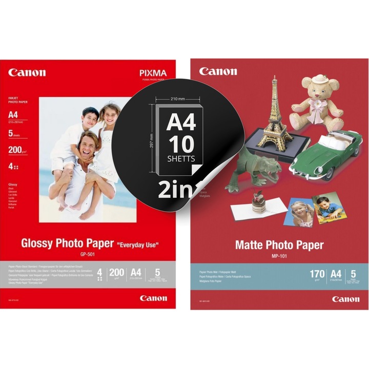 Pachet A4 10 coli Hartie foto Canon Pixma Photo Paper Everyday Use Glossy GP-501 Matte Photo Paper MP-101