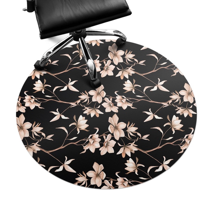 Covoras pentru protectie pardosea, Wallfluent, Model vintage floral, Negru, fi100 cm, 010250310040000033378