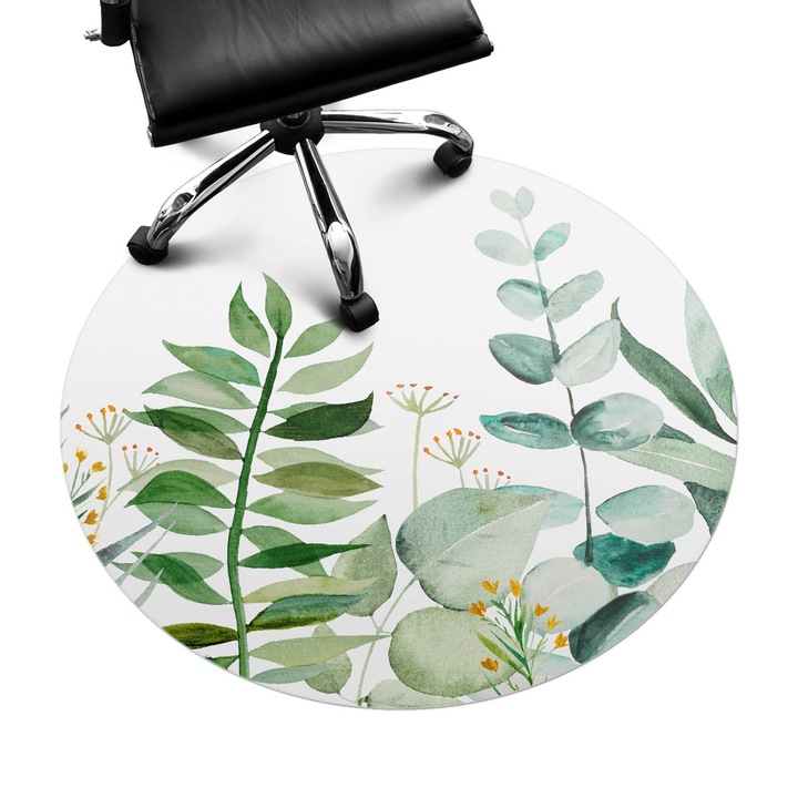 Covoras pentru protectie pardosea, Wallfluent, Acuarela frunze, Verde, fi100 cm, 010250310040000088407