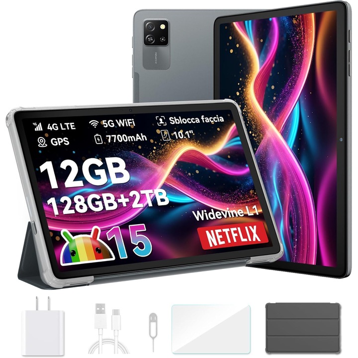 Tableta Blackview Tab 60 Pro, 10.1 inch, 800x1280, 24GB Ram(8GB + 16GB extensibili 1TB), 128GB, Bluetooth 5.0, Android 15, 2.4G/5G/WiFi 6, HD+/IPS, 60Hz, 7700mAh, Suport pozitionarea GPS, Gri